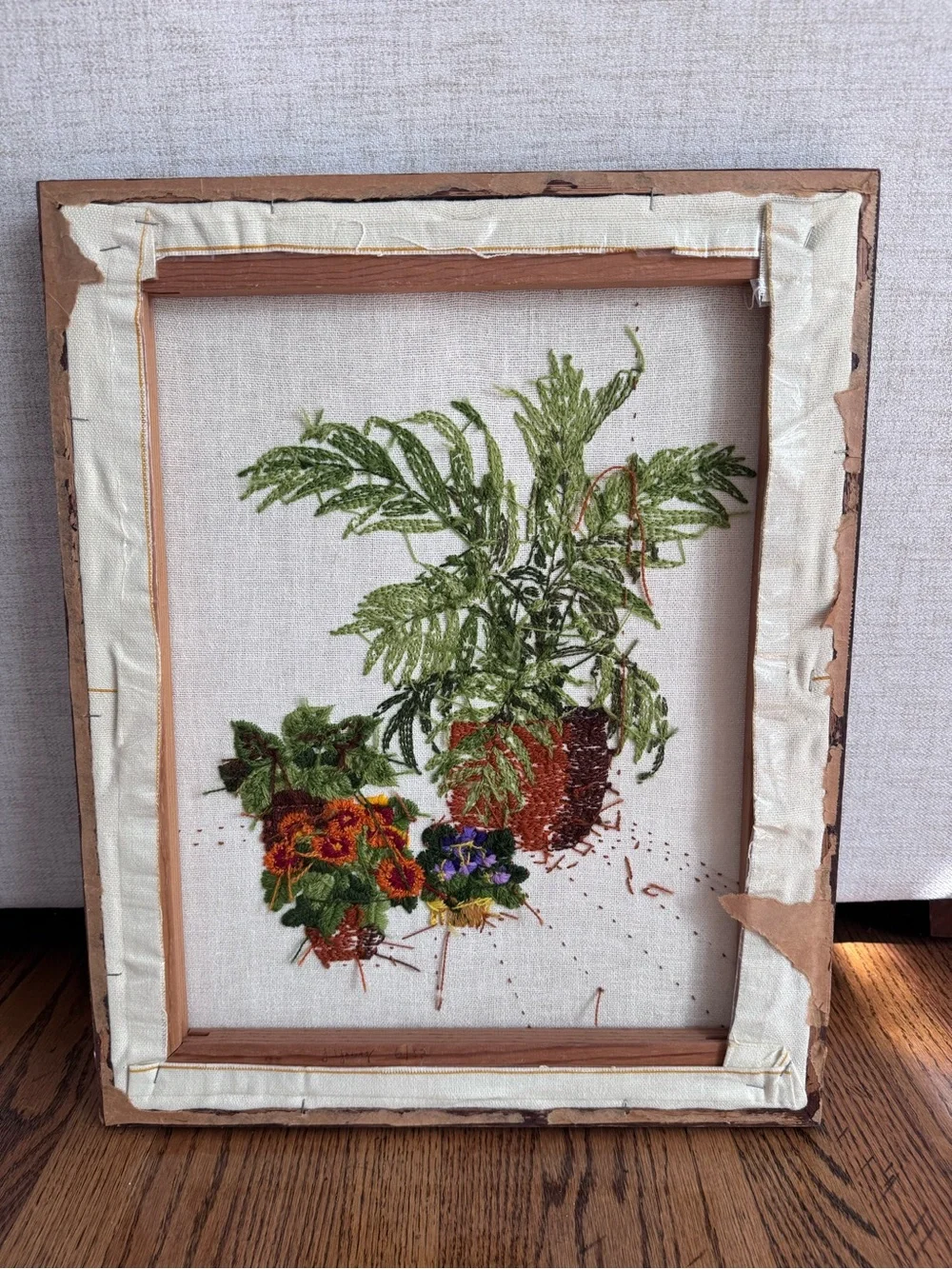 Vintage Crewel Embroidered Plant Wall Art